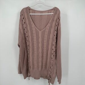 Womens Cozy Cottagecore Slouchy Cable Knit Sweater Size XL Oversized Lace Up Hem